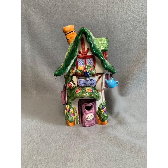 Cobblestone Village Tudor Tea Room Candle Holder Ceramic House with Green Roof - Picture 8 of 15